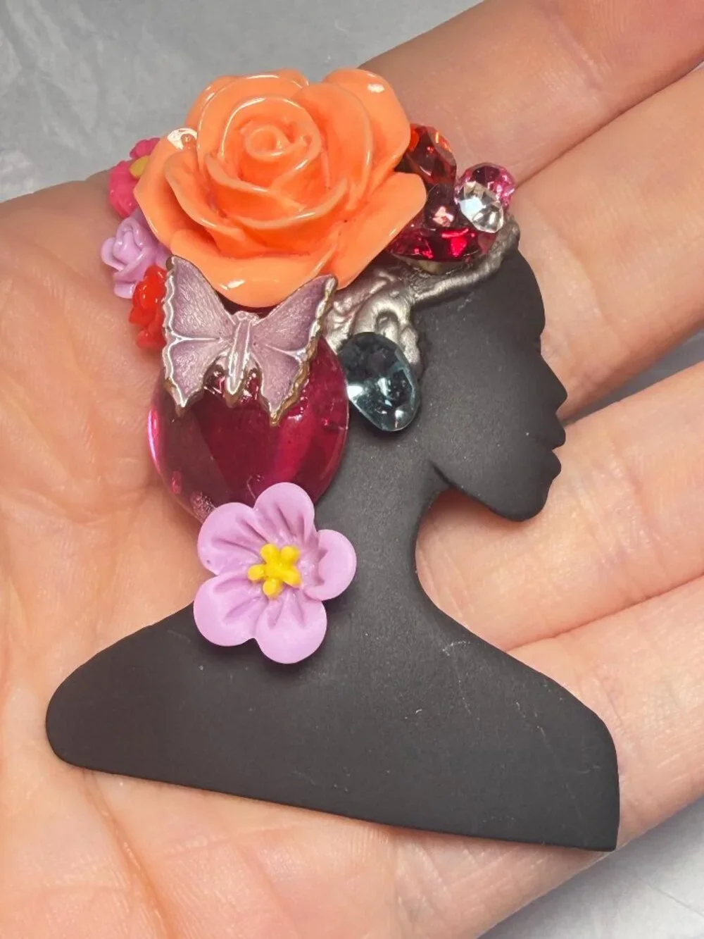 OOAK Lady Silhouette Brooch UltraCraft Upcycled Floral Butterfly Pin 2.25 inches